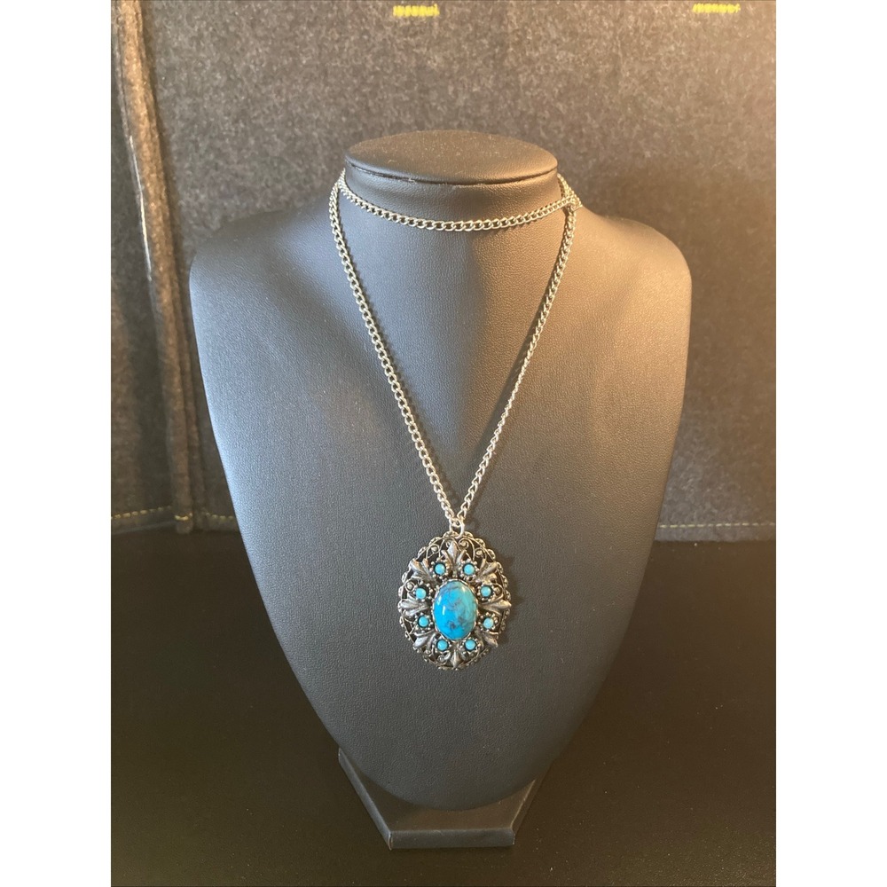 Vtg Style Turquoise‎ Necklace 21" Chain Lg 2" Pendant Boho Southwest Silver Tone